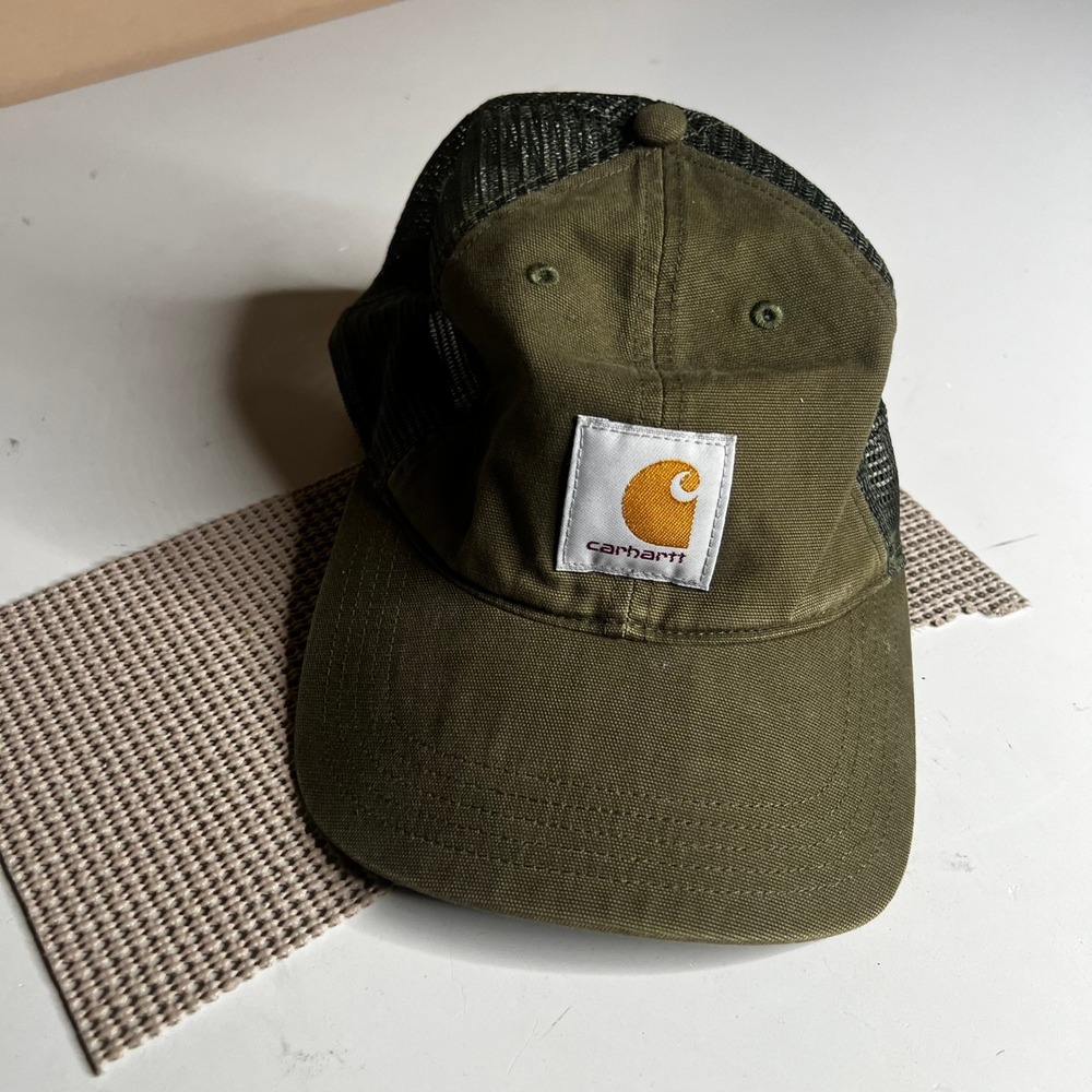 Carhartt Mens Olive Green Duck Canvas Mesh Back Trucker Hat Snapback Cap